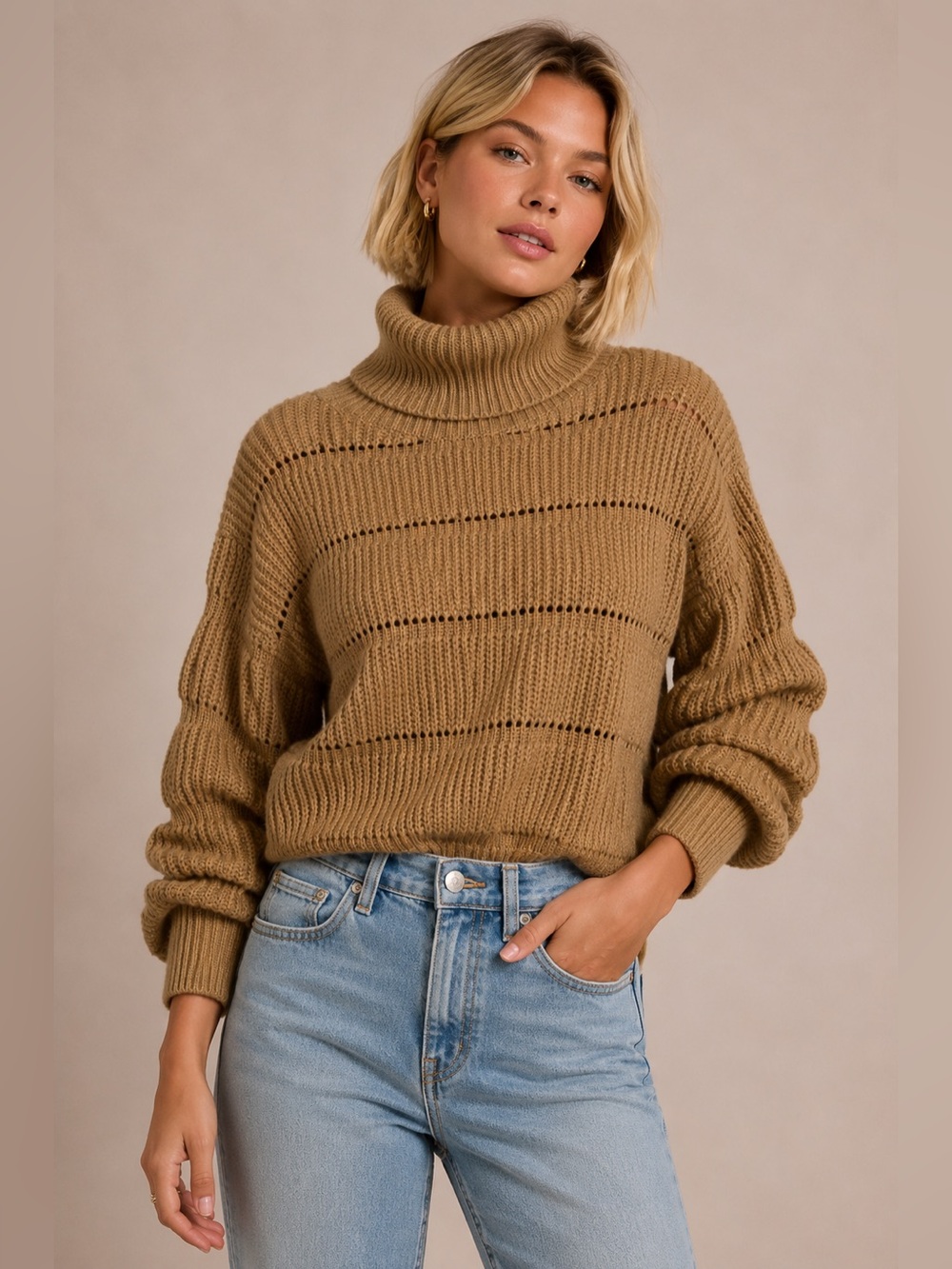 FCT With Love Camel Ribbed Knit Cropped Turtleneck Sweater Size Small